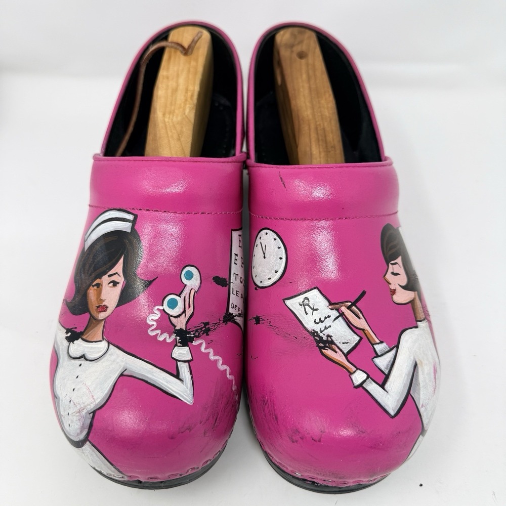Sanita Original Danish Clogs EU 41 US 10 Hand Painted Nurse Pink Folk Art Custom
